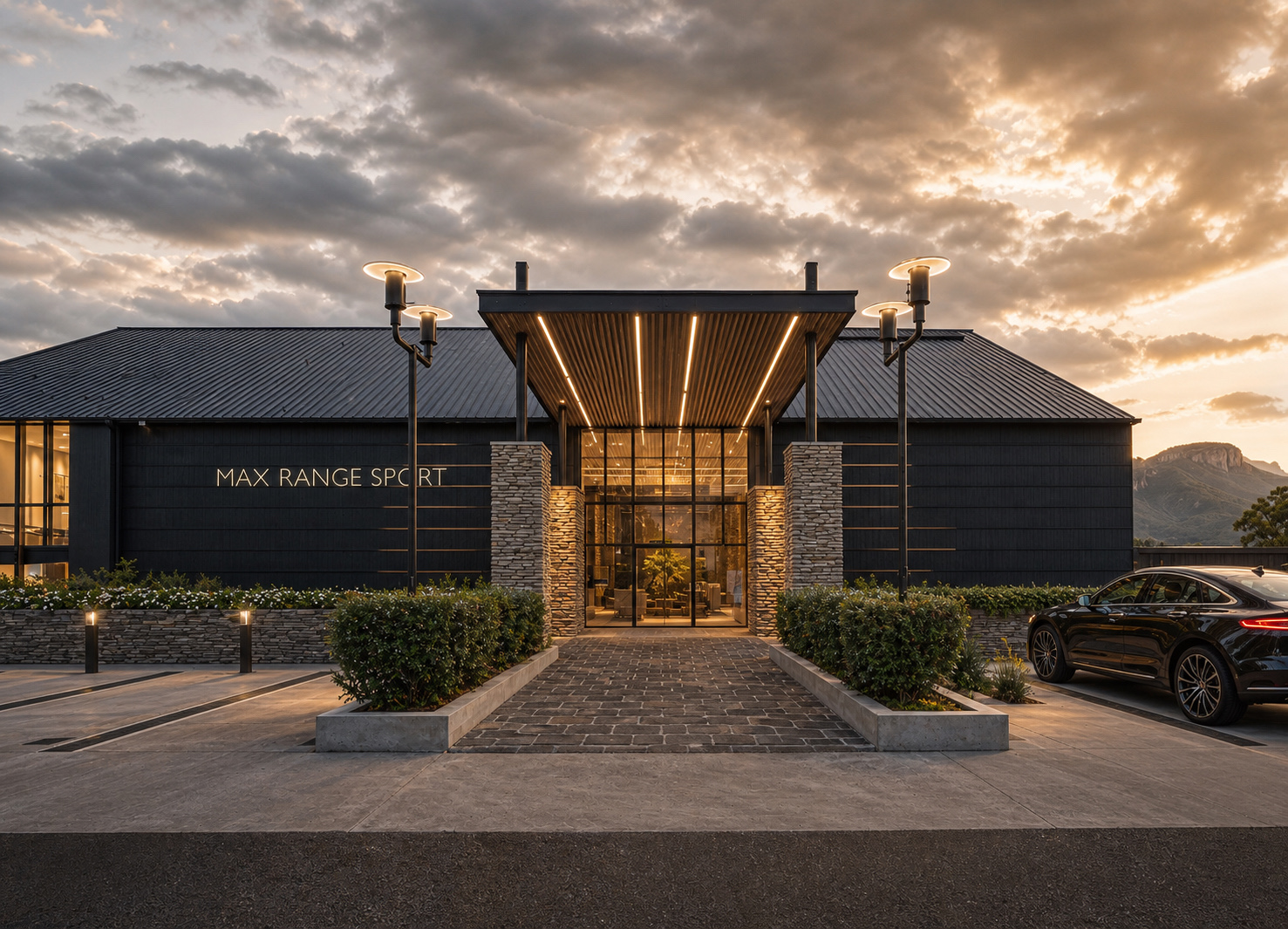Illuminated main entrance to Max Range Sport
