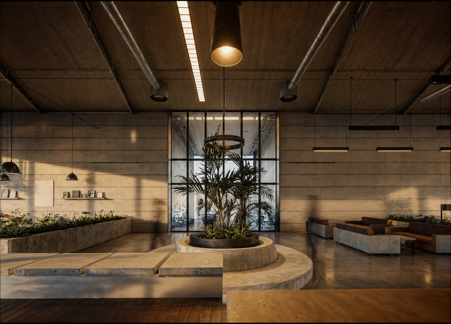 Warm industrial reception space at Max Range Sport