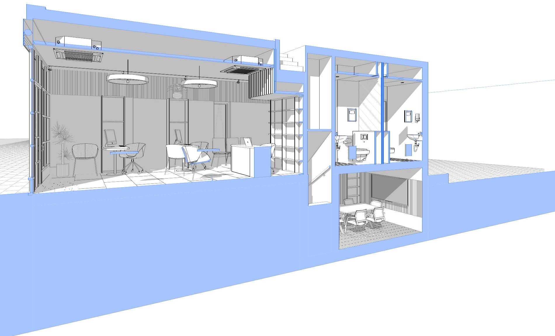 Axonometric cutaway of the ground and basement levels