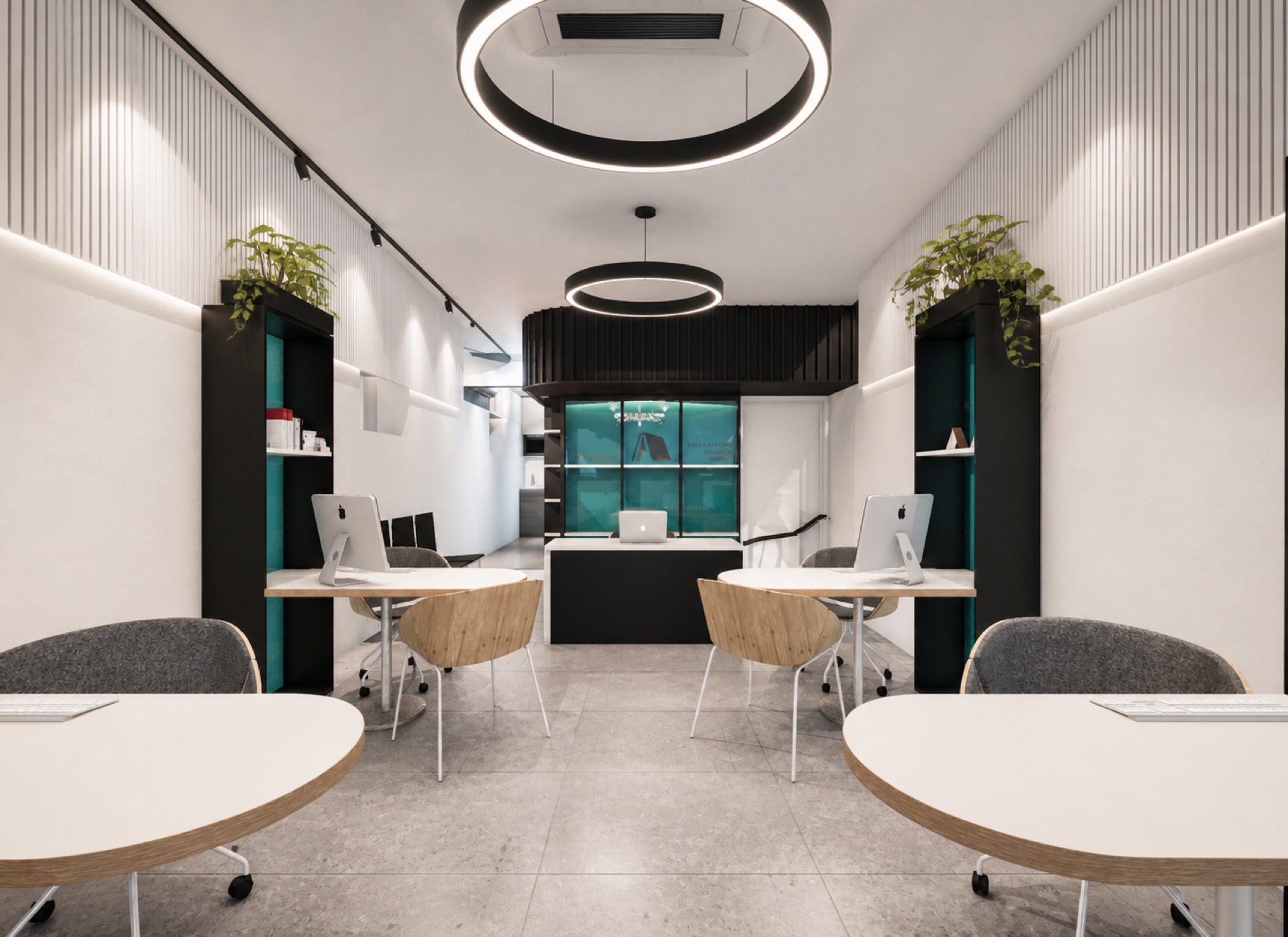 Andyoeo front office with seven workstations and branded reception