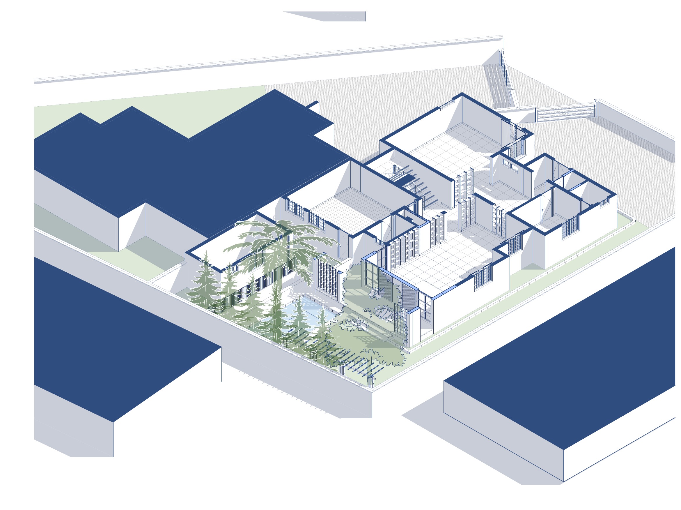 Axonometric view showing the opened family spaces and new garden connection