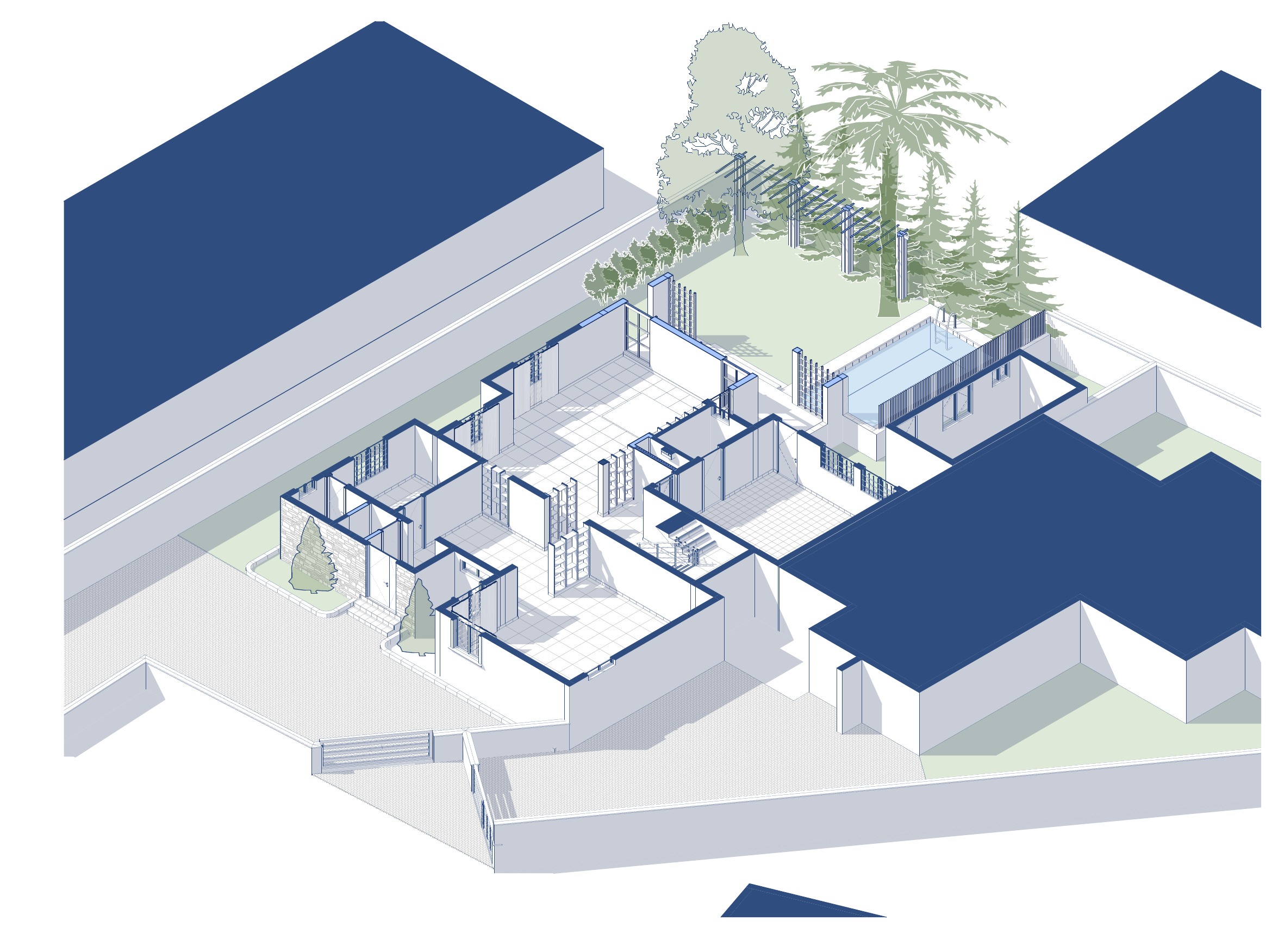 Axonometric view of the reconfigured ground floor and garden