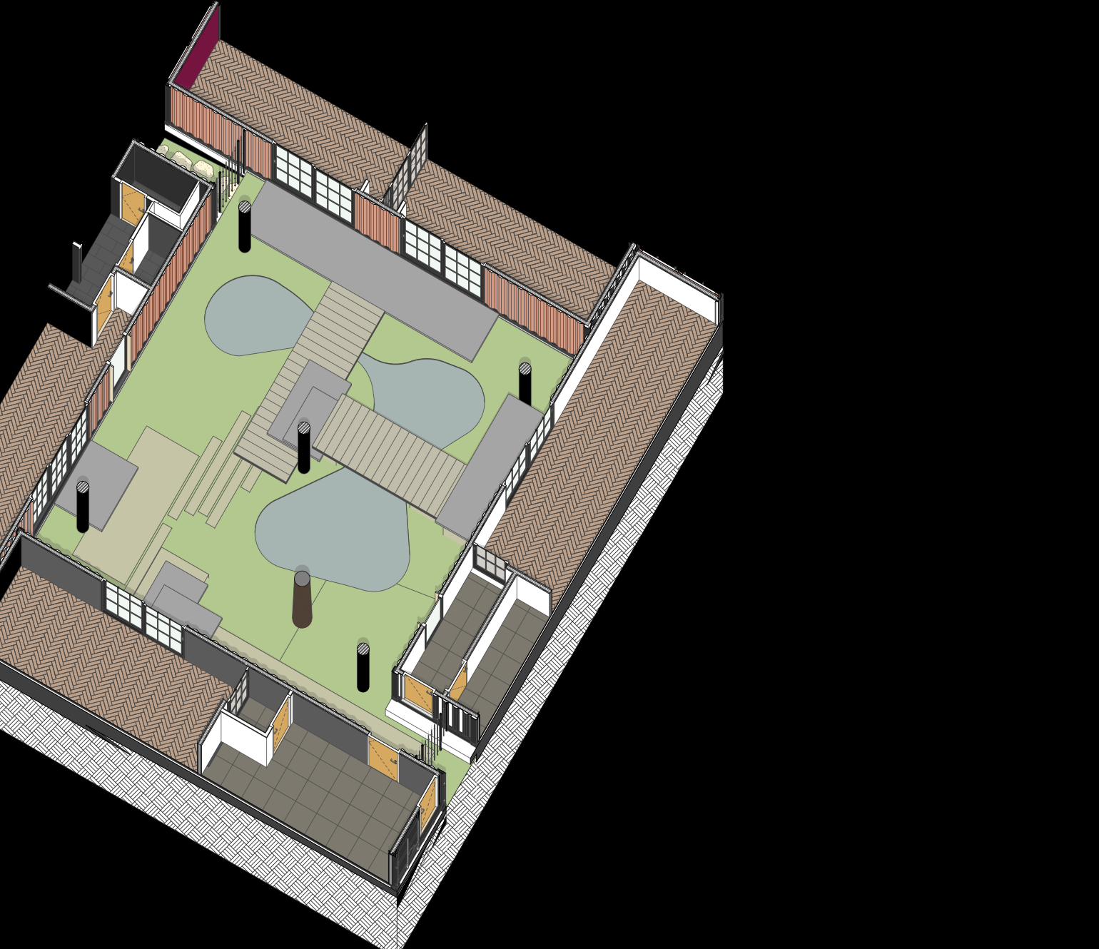 Landscaped courtyard axonometric for The Six