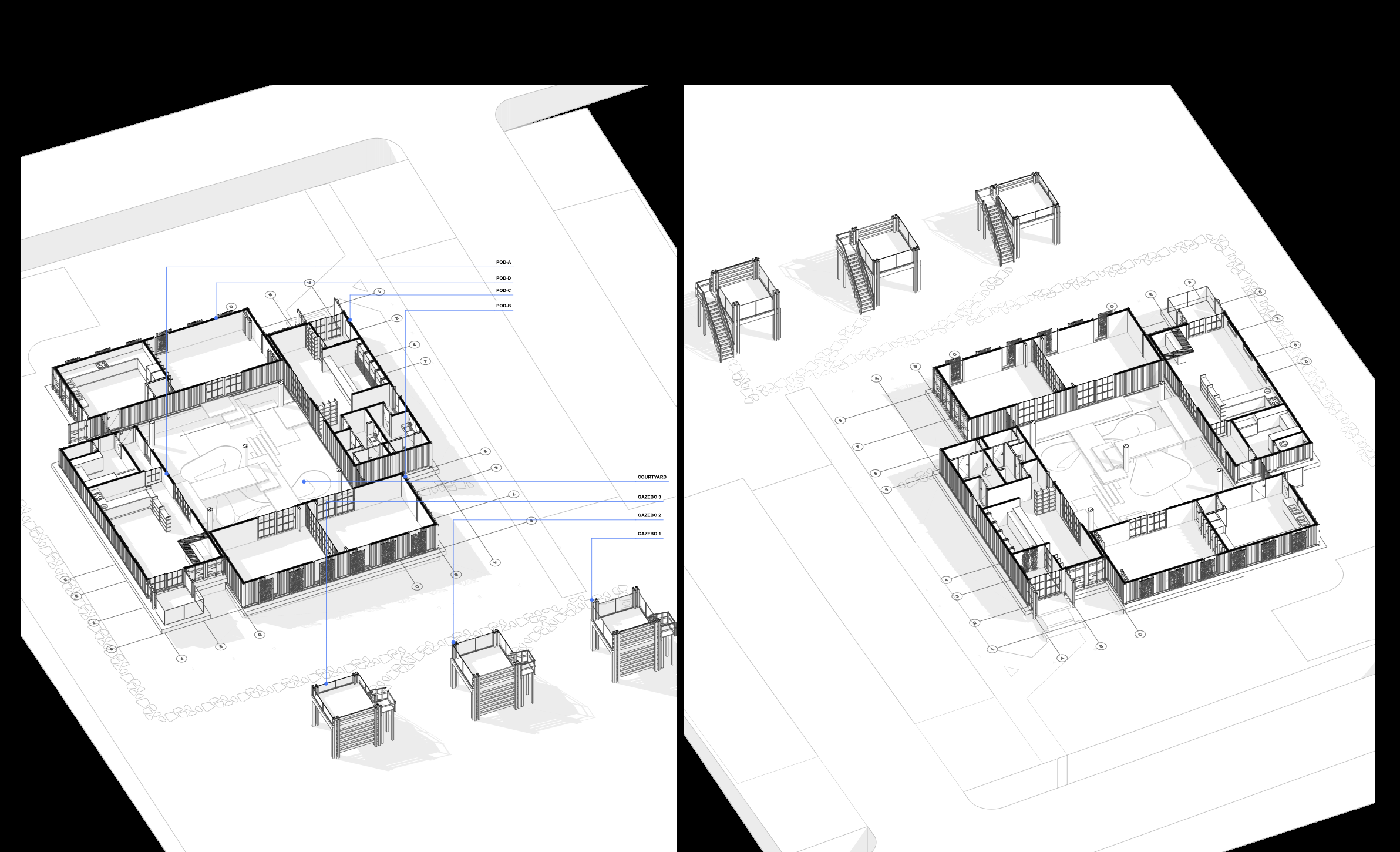 Ground-level axonometric drawings of The Six
