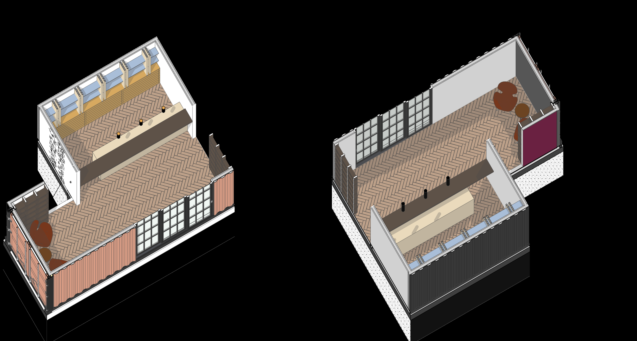 Reception pod axonometric drawings for The Six