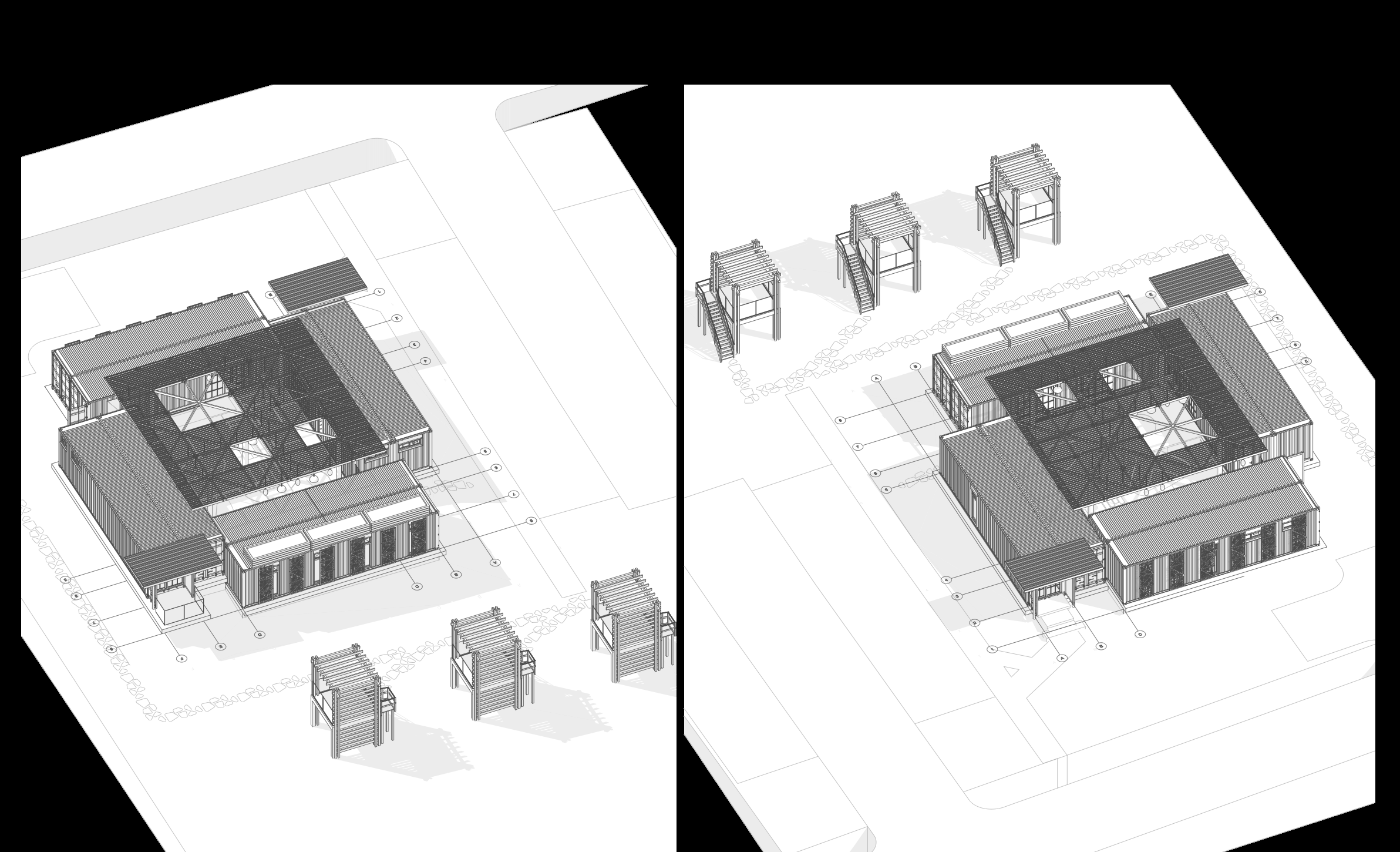 Roof-level axonometric drawings of The Six