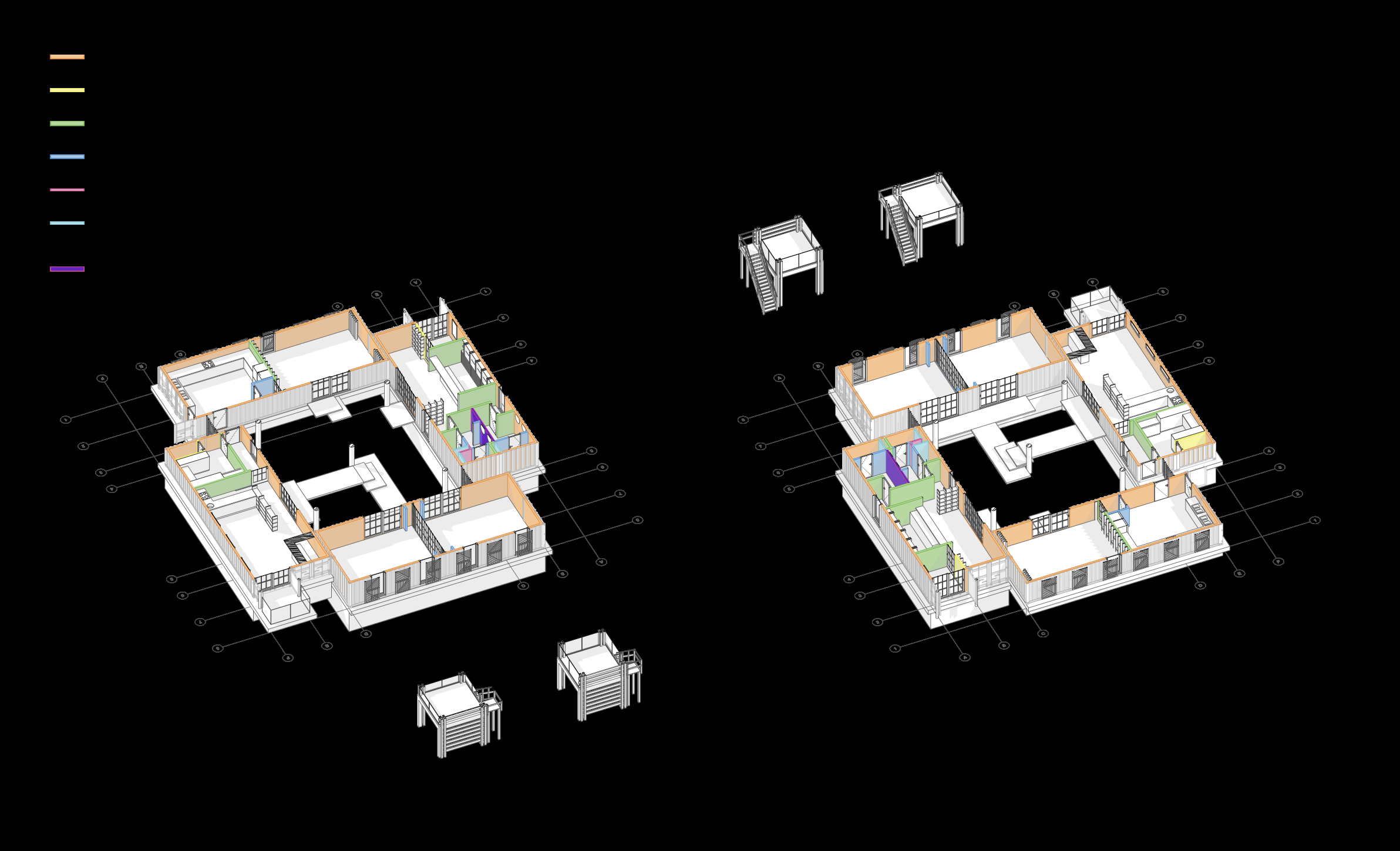 Colour-coded setting-out axonometric drawings of The Six