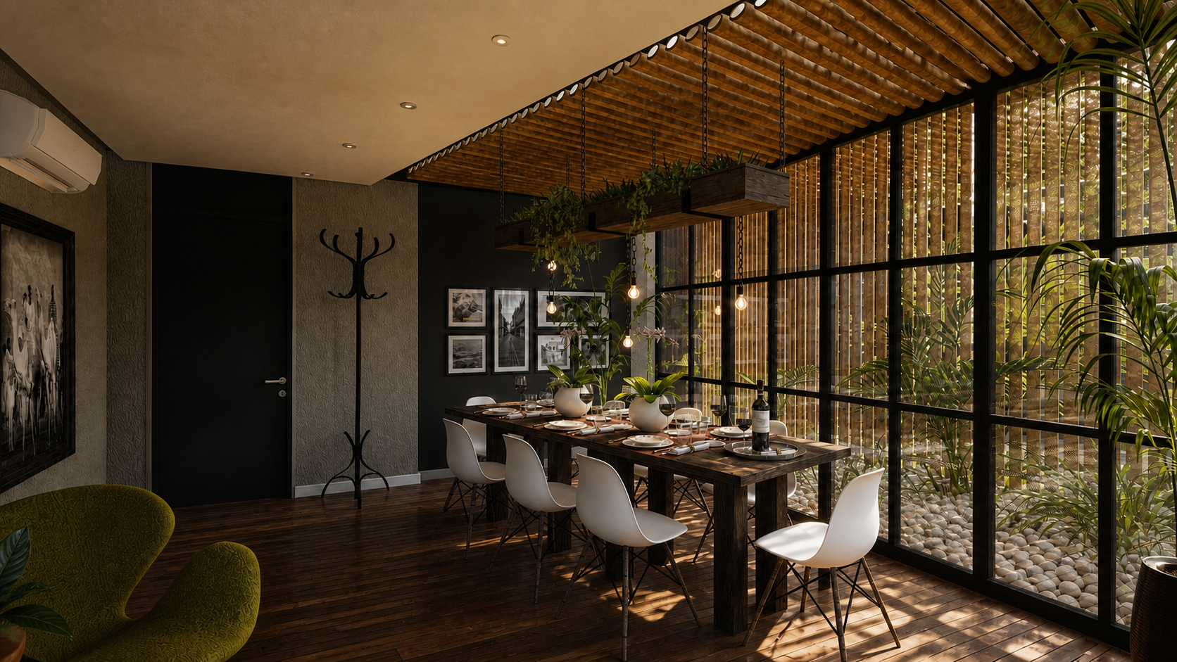 Private dining interior at The Six with timber screens and planting