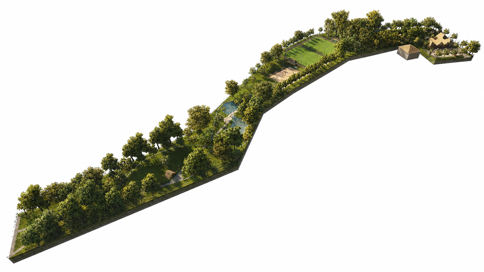 Aerial masterplan showing the full linear landscape of Lovitoz Park