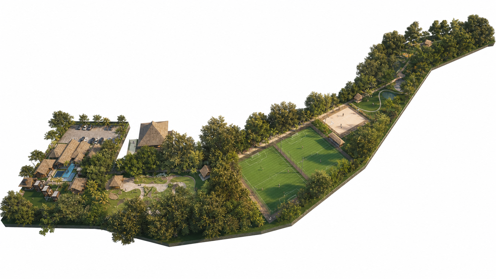 Aerial masterplan of the village cluster and sports areas at Lovitoz Park