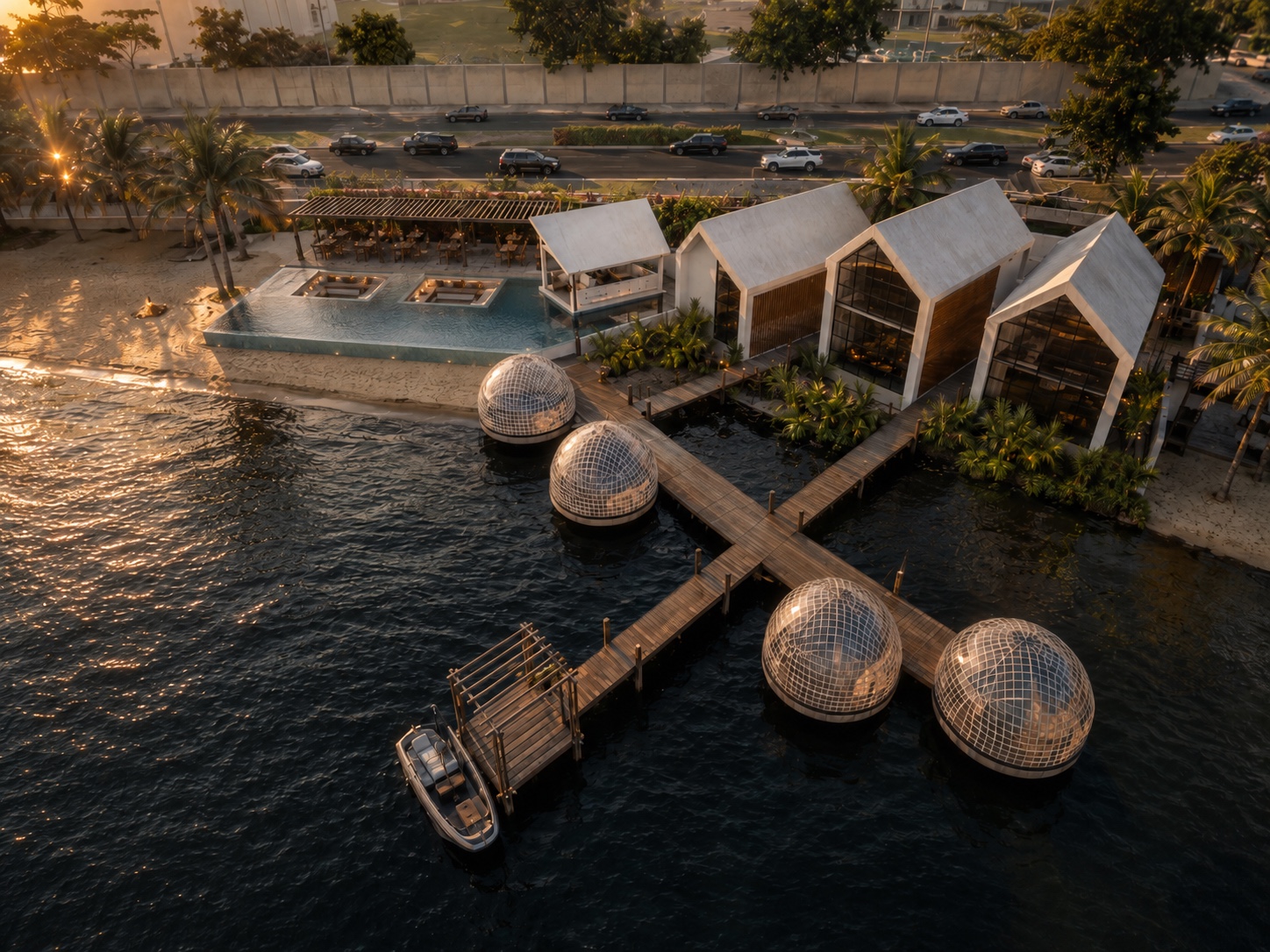 Boardwalk and floating dining pods at sunset