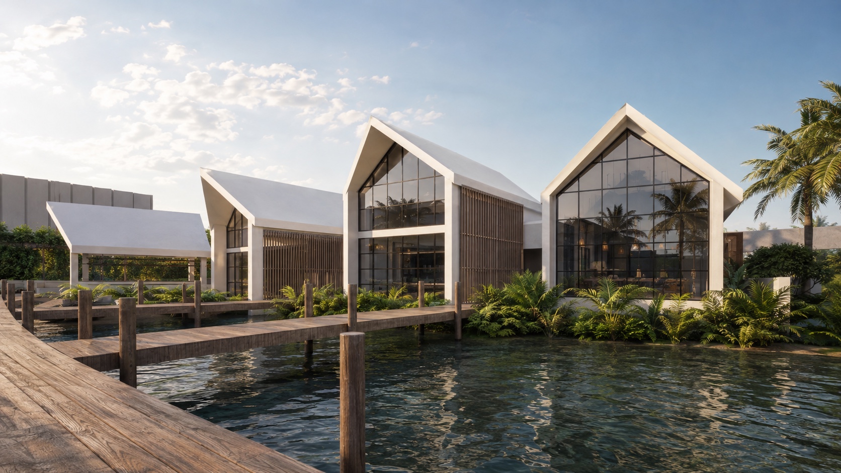 Contemporary pitched beach huts and timber boardwalk